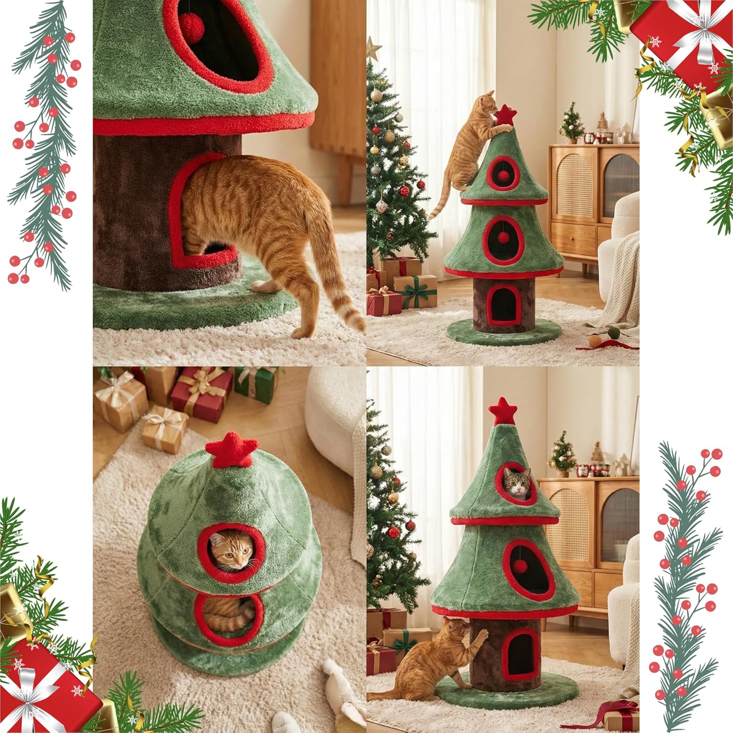 Furrlovers Christmas Tree Multi Level Cat Tower with Condo Hideouts & Scratching Posts(Green) - Image 5