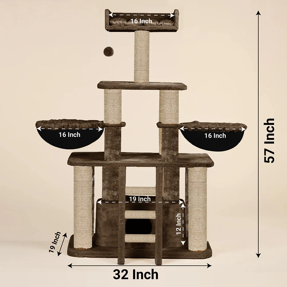 Furrlovers Fur Fabric Cat Tree with Hammocks, Condo & Jute Rope Scratching Posts (Brown) - Image 6