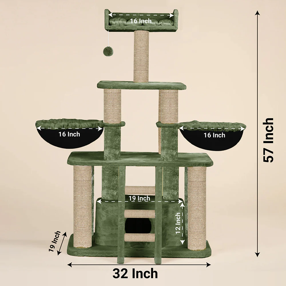 Furrlovers Fur Fabric Cat Tree with Hammocks, Condo & Jute Rope Scratching Posts (Green) - Image 7
