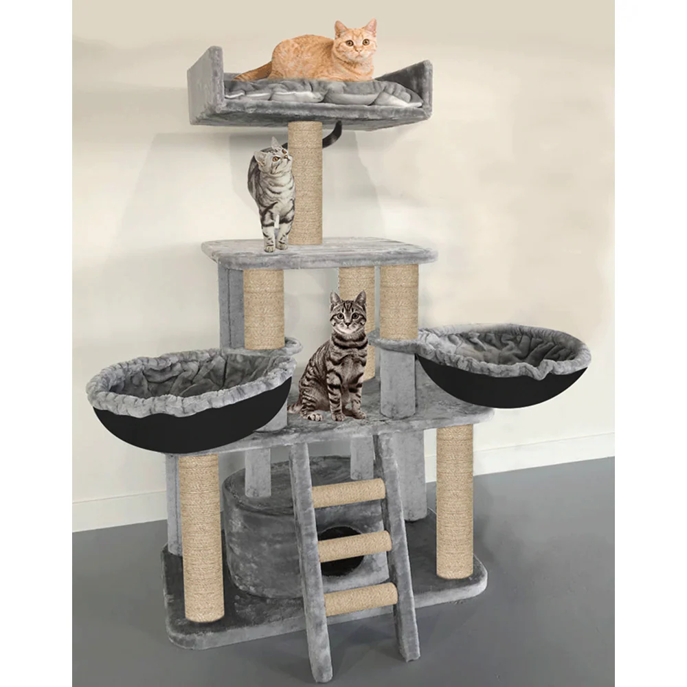 Furrlovers Fur Fabric Cat Tree with Hammocks, Condo & Jute Rope Scratching Posts (Grey) - Image 2