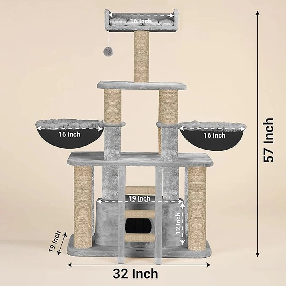 Furrlovers Fur Fabric Cat Tree with Hammocks, Condo & Jute Rope Scratching Posts (Grey) - Image 8