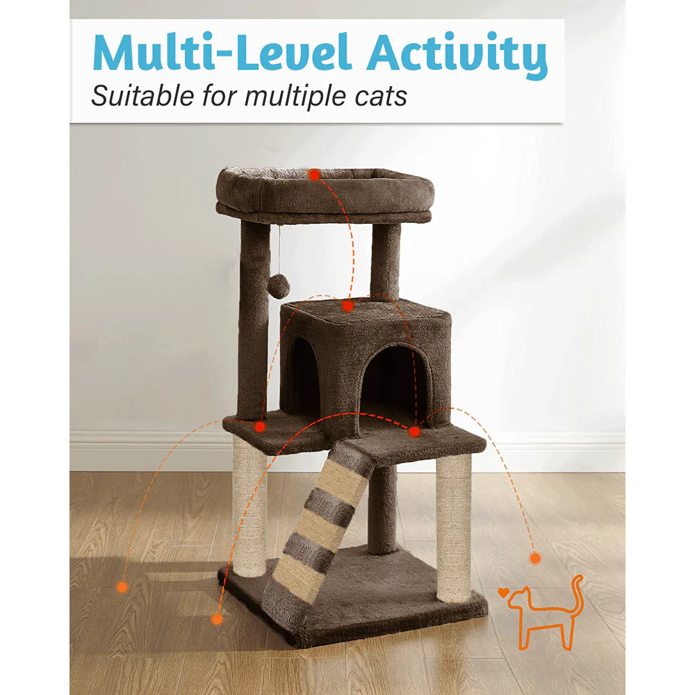 Furrlovers Fur Fabric Cat Tree with Ladder, Hanging Toy & Jute Rope Scratching Post (Brown) - Image 2