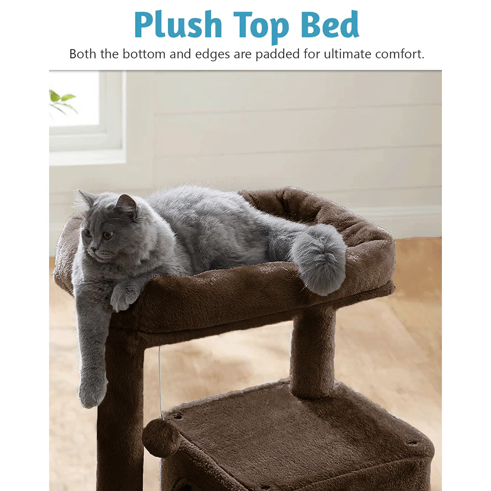 Furrlovers Fur Fabric Cat Tree with Ladder, Hanging Toy & Jute Rope Scratching Post (Brown) - Image 3