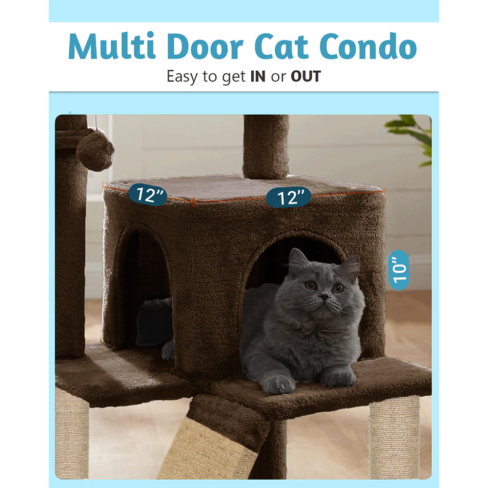 Furrlovers Fur Fabric Cat Tree with Ladder, Hanging Toy & Jute Rope Scratching Post (Brown) - Image 4