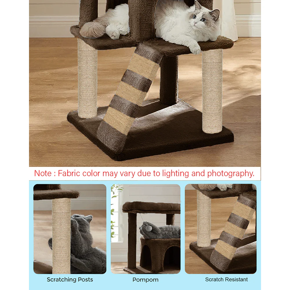 Furrlovers Fur Fabric Cat Tree with Ladder, Hanging Toy & Jute Rope Scratching Post (Brown) - Image 5