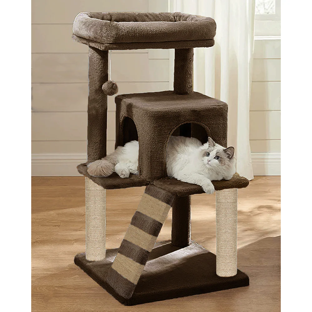Furrlovers Fur Fabric Cat Tree with Ladder, Hanging Toy & Jute Rope Scratching Post (Brown) - Image 6