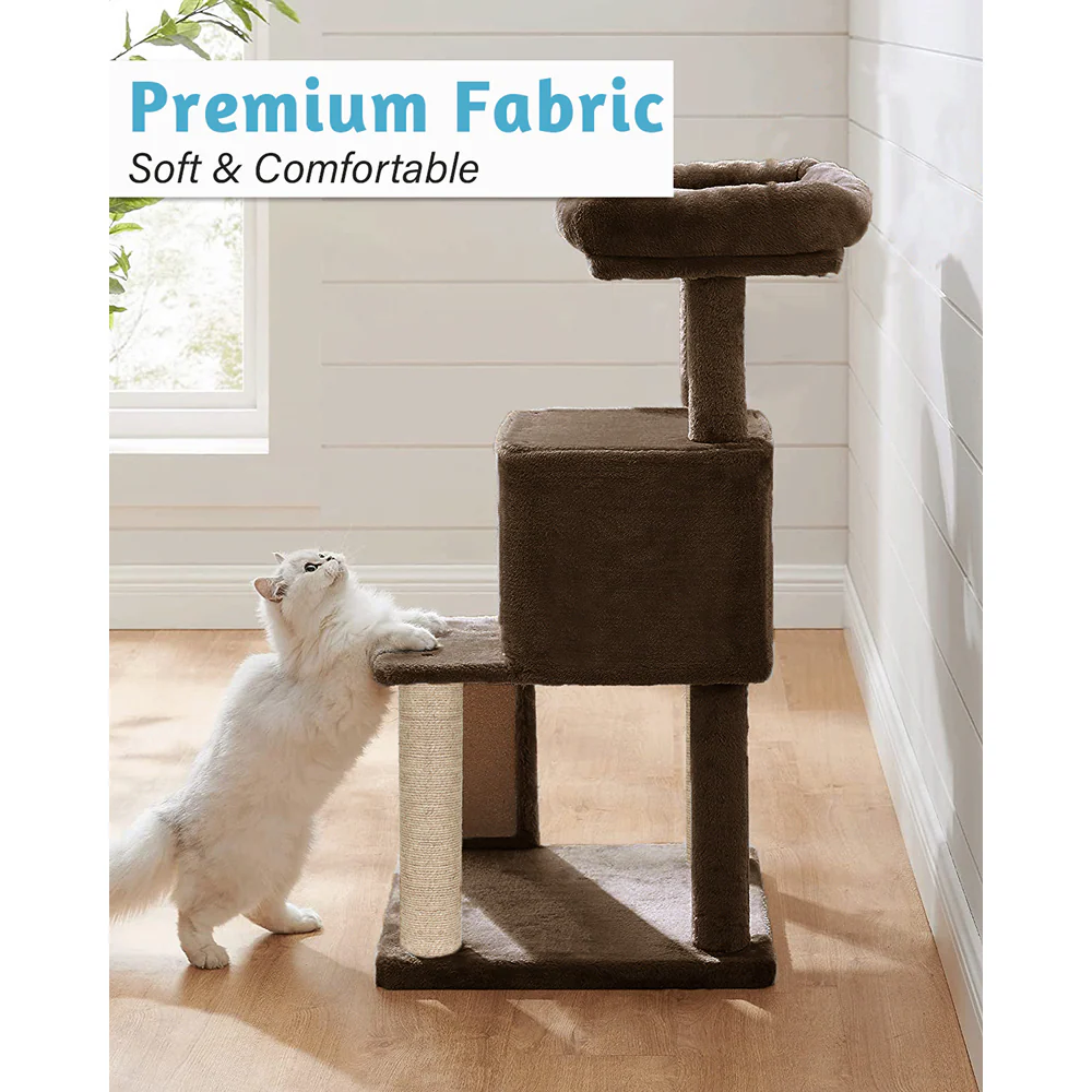 Furrlovers Fur Fabric Cat Tree with Ladder, Hanging Toy & Jute Rope Scratching Post (Brown) - Image 7