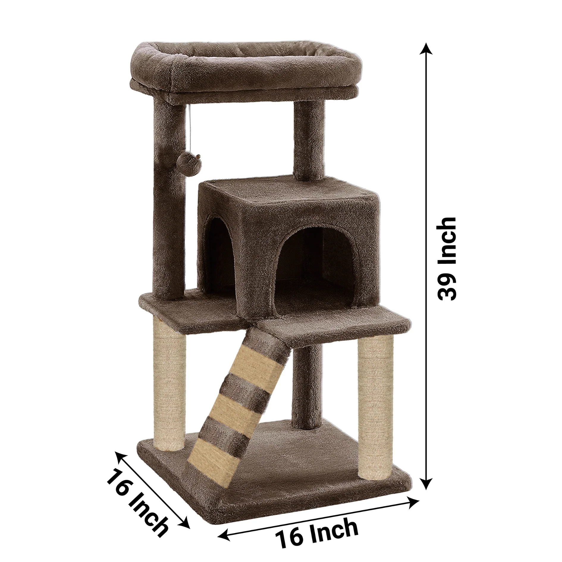 Furrlovers Fur Fabric Cat Tree with Ladder, Hanging Toy & Jute Rope Scratching Post (Brown) - Image 8