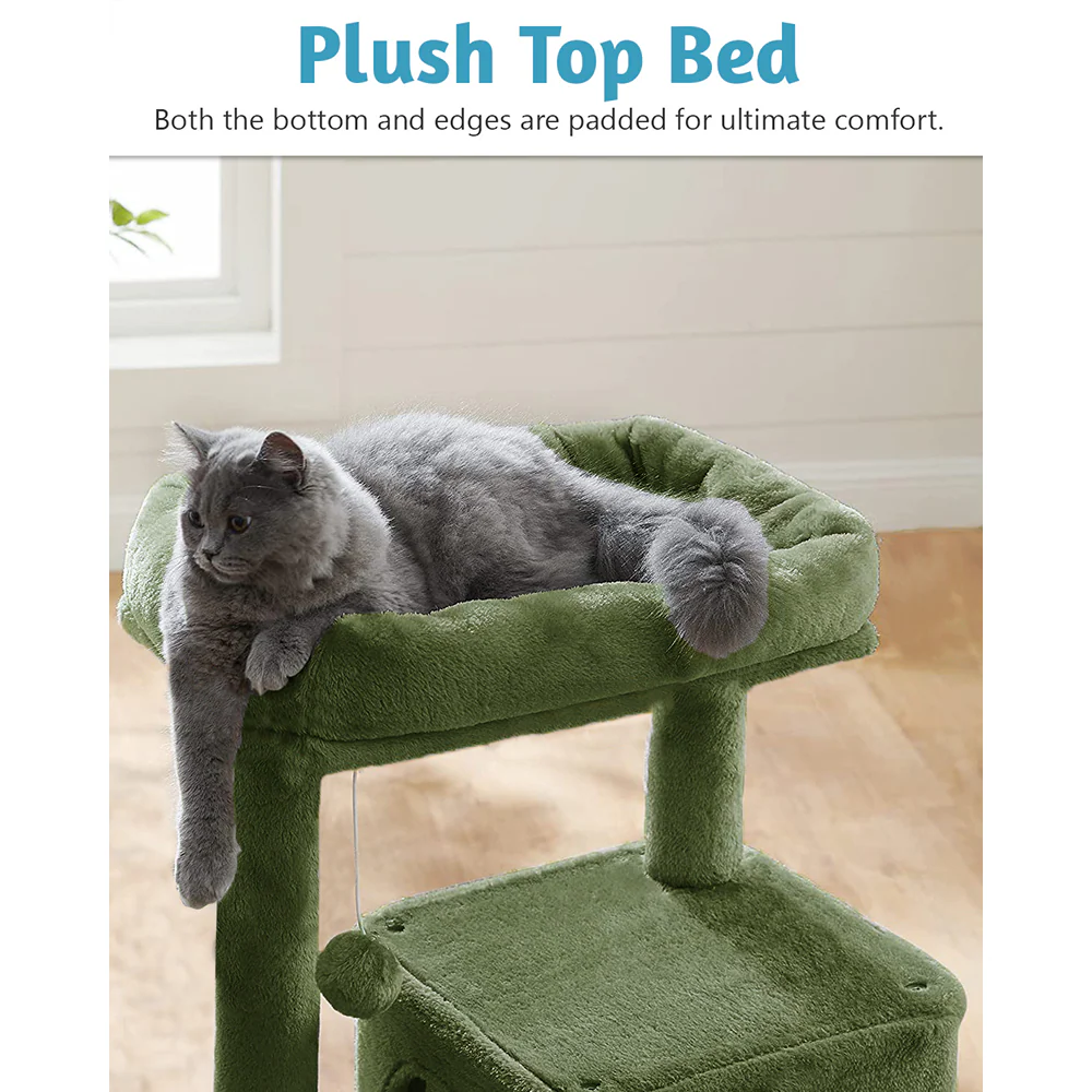 Furrlovers Fur Fabric Cat Tree with Ladder, Hanging Toy & Jute Rope Scratching Post (Green) - Image 2