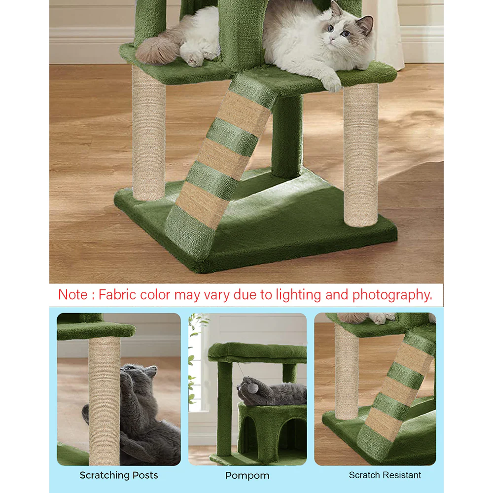 Furrlovers Fur Fabric Cat Tree with Ladder, Hanging Toy & Jute Rope Scratching Post (Green) - Image 3