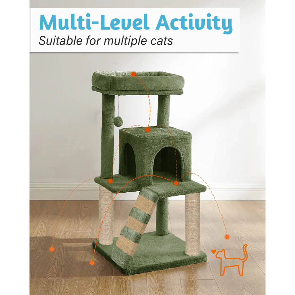 Furrlovers Fur Fabric Cat Tree with Ladder, Hanging Toy & Jute Rope Scratching Post (Green) - Image 4