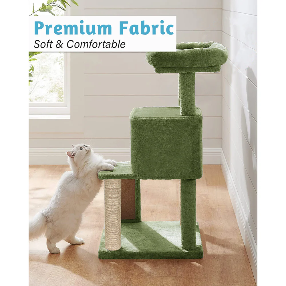 Furrlovers Fur Fabric Cat Tree with Ladder, Hanging Toy & Jute Rope Scratching Post (Green) - Image 5