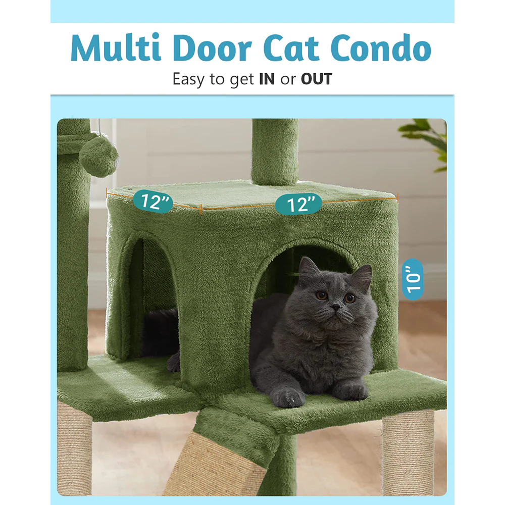 Furrlovers Fur Fabric Cat Tree with Ladder, Hanging Toy & Jute Rope Scratching Post (Green) - Image 6