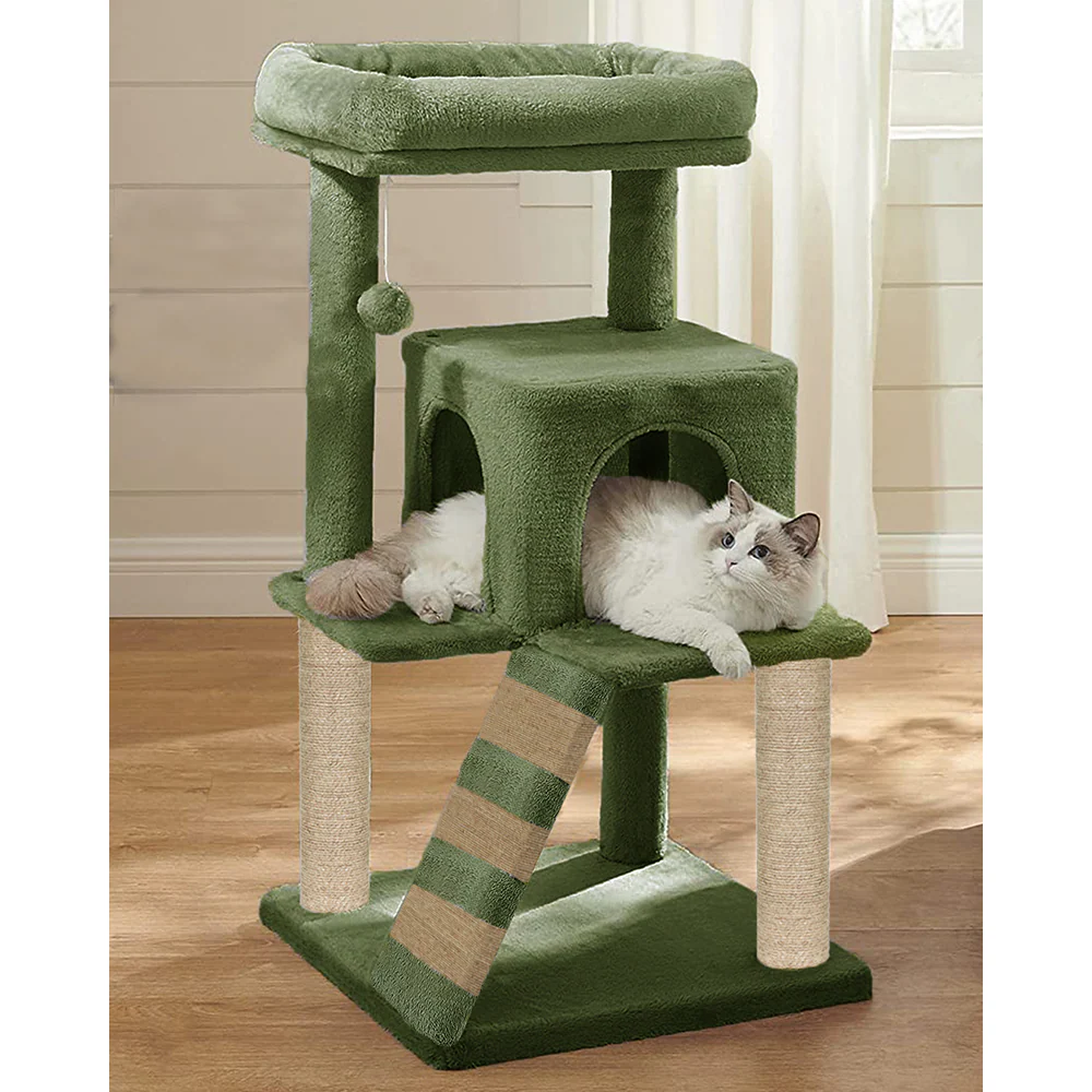 Furrlovers Fur Fabric Cat Tree with Ladder, Hanging Toy & Jute Rope Scratching Post (Green) - Image 7
