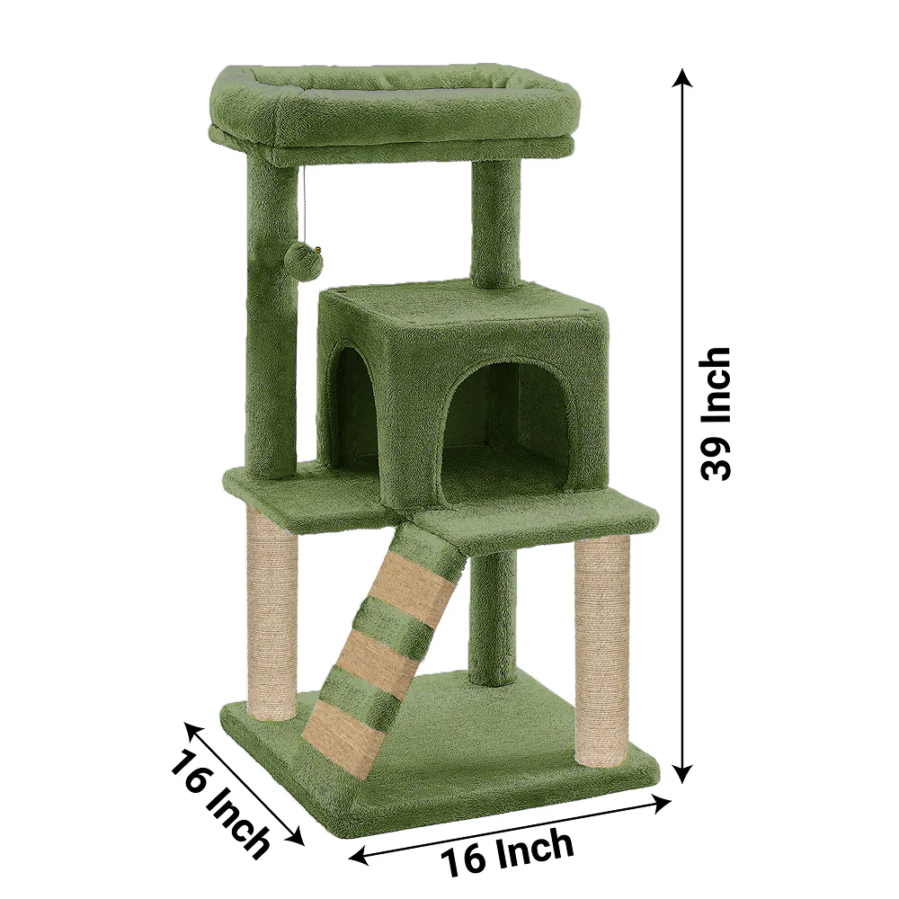 Furrlovers Fur Fabric Cat Tree with Ladder, Hanging Toy & Jute Rope Scratching Post (Green) - Image 8