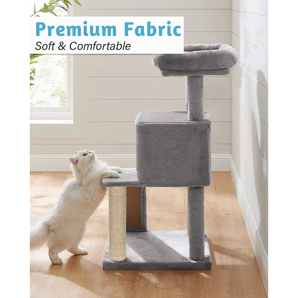 Furrlovers Fur Fabric Cat Tree with Ladder, Hanging Toy & Jute Rope Scratching Post (Grey) - Image 2