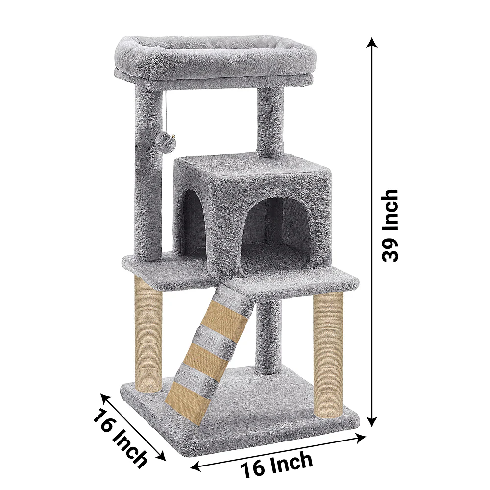 Furrlovers Fur Fabric Cat Tree with Ladder, Hanging Toy & Jute Rope Scratching Post (Grey) - Image 3