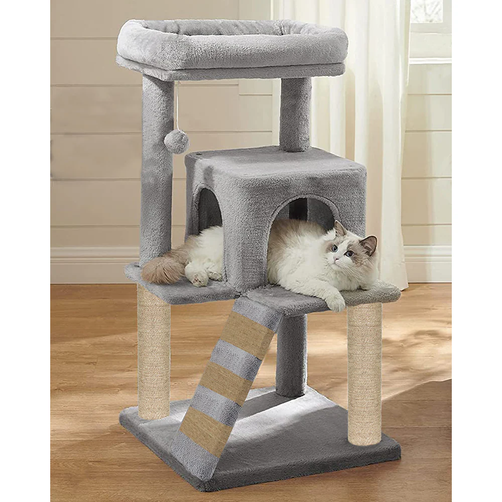 Furrlovers Fur Fabric Cat Tree with Ladder, Hanging Toy & Jute Rope Scratching Post (Grey) - Image 4