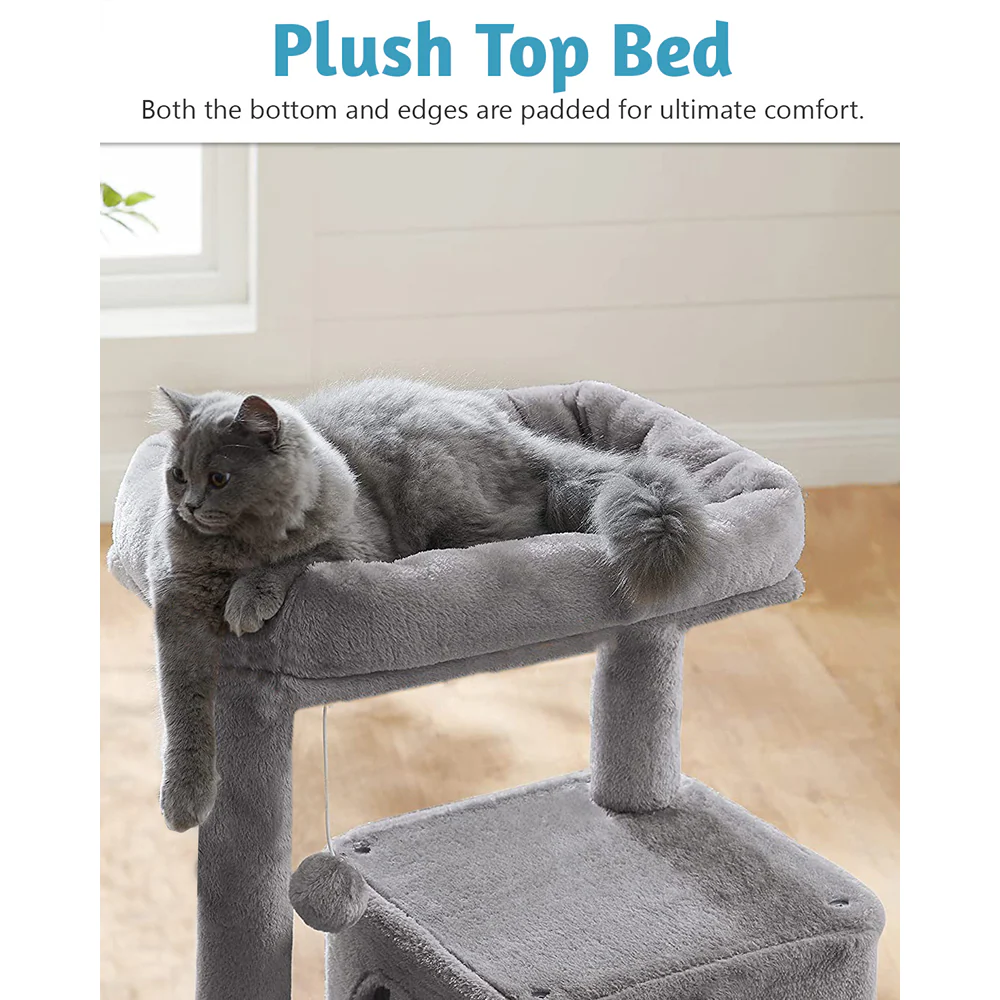 Furrlovers Fur Fabric Cat Tree with Ladder, Hanging Toy & Jute Rope Scratching Post (Grey) - Image 5