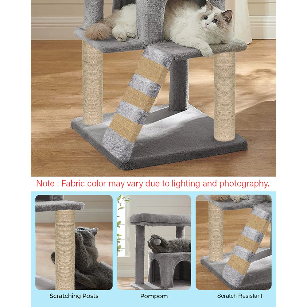 Furrlovers Fur Fabric Cat Tree with Ladder, Hanging Toy & Jute Rope Scratching Post (Grey) - Image 6