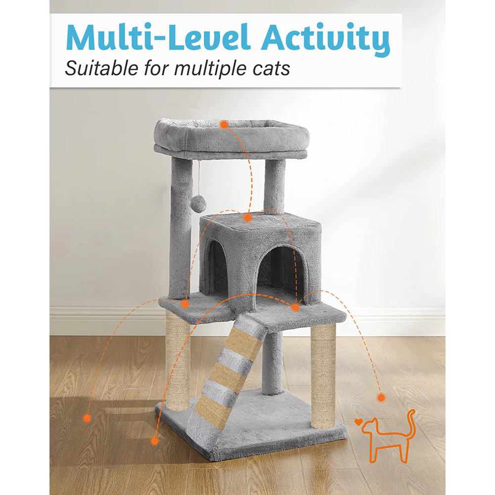 Furrlovers Fur Fabric Cat Tree with Ladder, Hanging Toy & Jute Rope Scratching Post (Grey) - Image 7