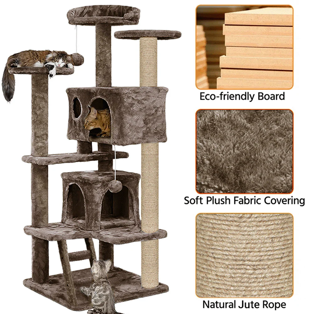 Furrlovers Multi Condo Kitten & Cat Tree with Plush Fur Fabric, Ladder, Top Perches, Playing Balls & Jute Rope Scratching Posts (Brown) - Image 3