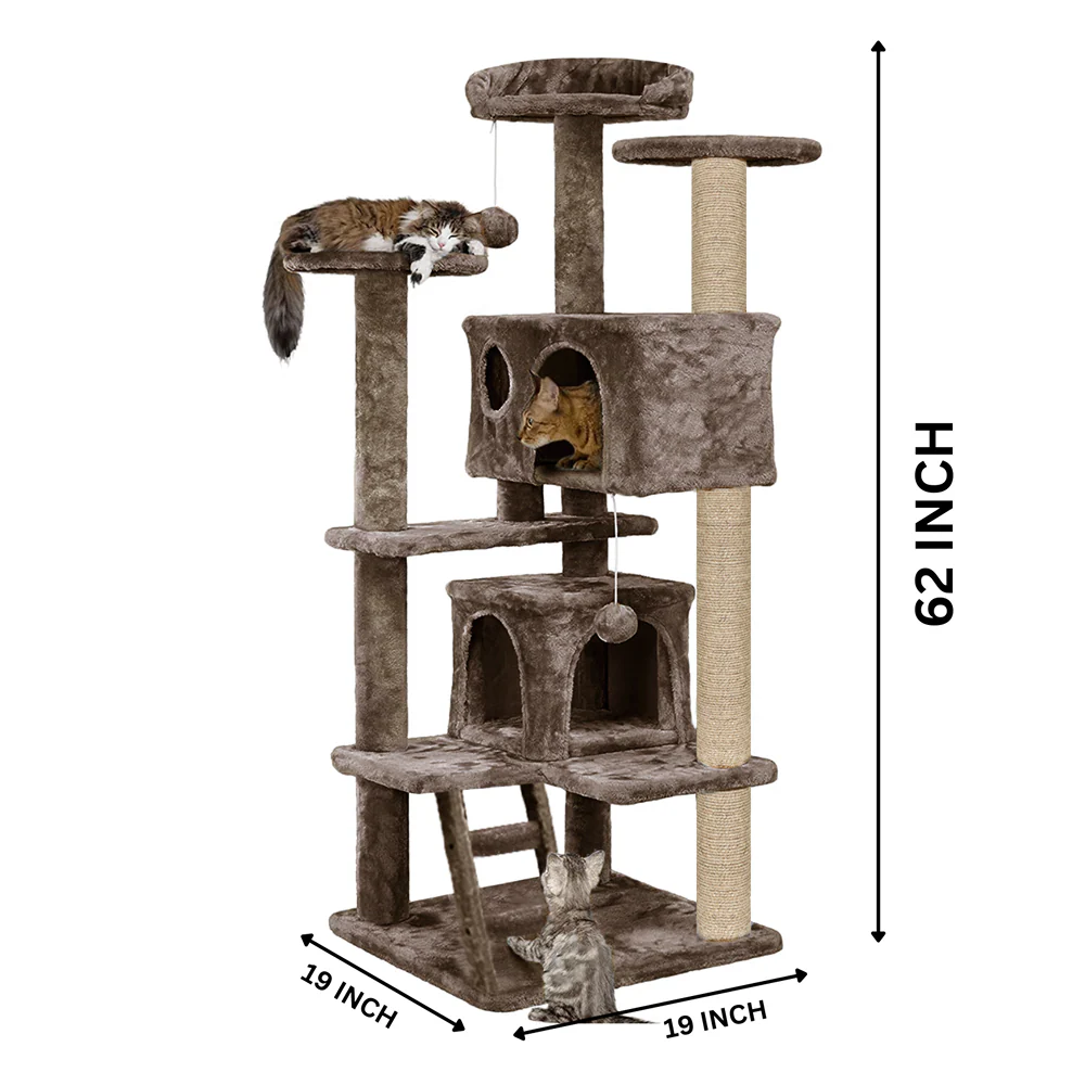 Furrlovers Multi Condo Kitten & Cat Tree with Plush Fur Fabric, Ladder, Top Perches, Playing Balls & Jute Rope Scratching Posts (Brown) - Image 5