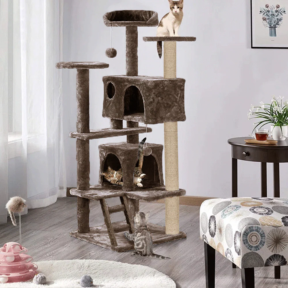 Furrlovers Multi Condo Kitten & Cat Tree with Plush Fur Fabric, Ladder, Top Perches, Playing Balls & Jute Rope Scratching Posts (Brown) - Image 6