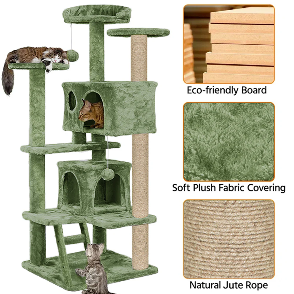 Furrlovers Multi Condo Kitten & Cat Tree with Plush Fur Fabric, Ladder, Top Perches, Playing Balls & Jute Rope Scratching Posts (Green) - Image 2