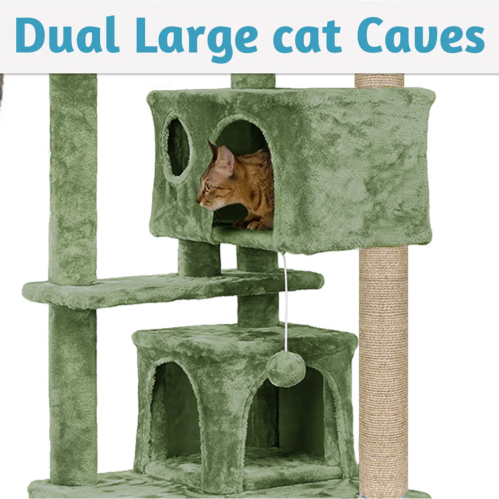 Furrlovers Multi Condo Kitten & Cat Tree with Plush Fur Fabric, Ladder, Top Perches, Playing Balls & Jute Rope Scratching Posts (Green) - Image 3