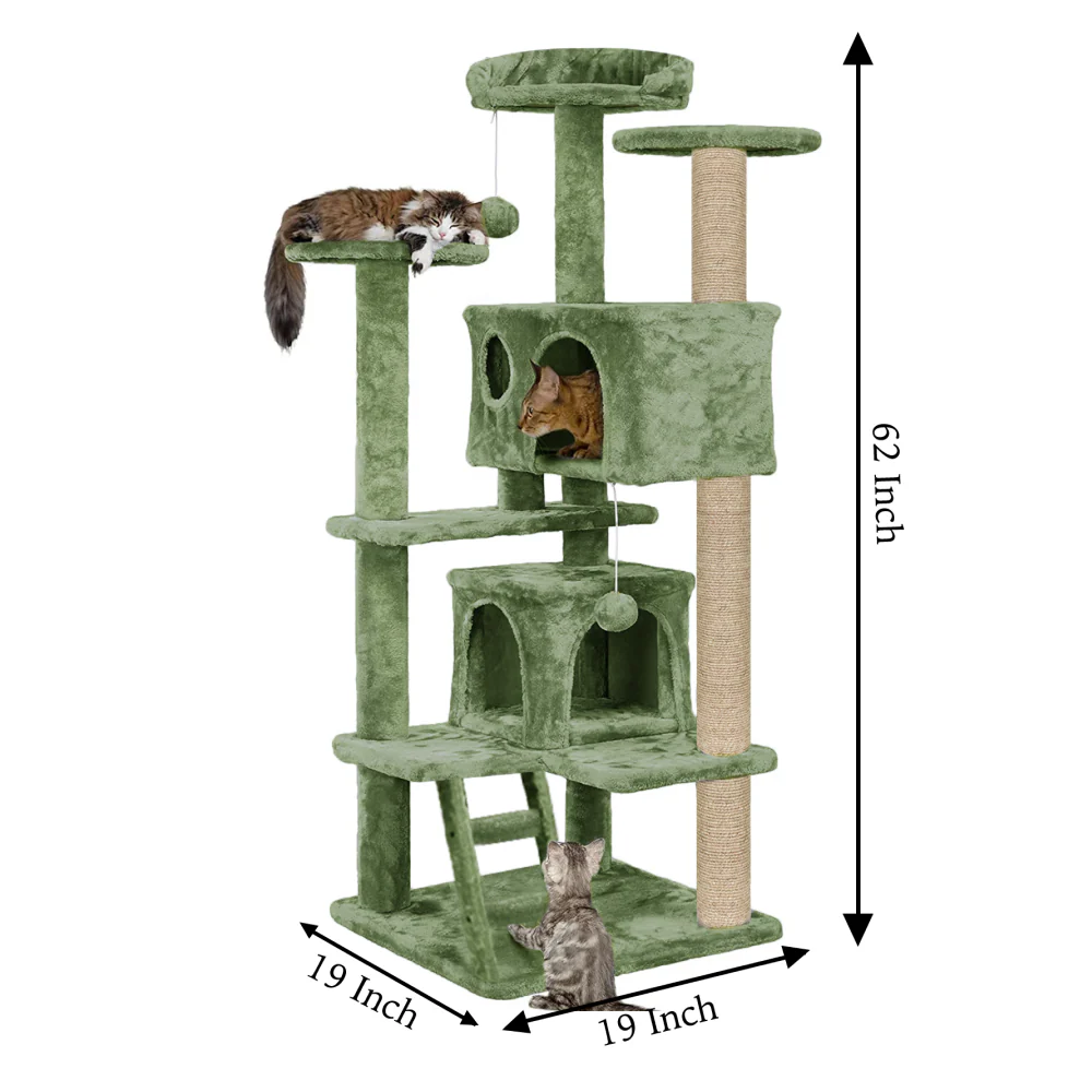 Furrlovers Multi Condo Kitten & Cat Tree with Plush Fur Fabric, Ladder, Top Perches, Playing Balls & Jute Rope Scratching Posts (Green) - Image 4