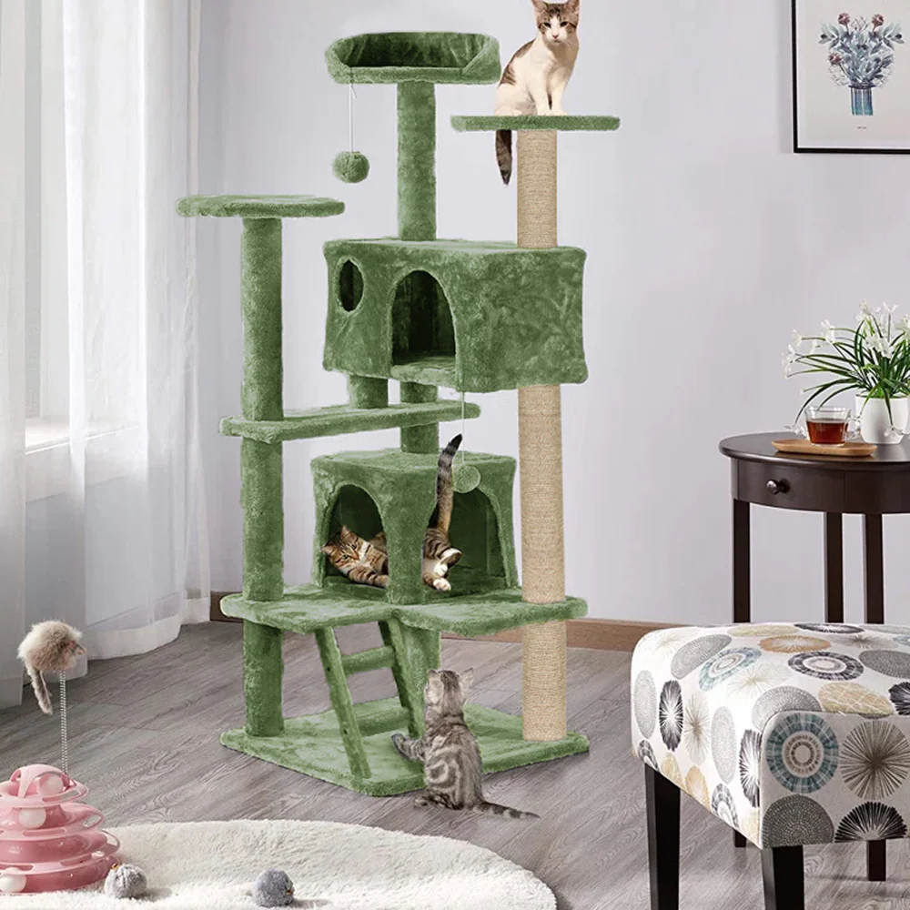Furrlovers Multi Condo Kitten & Cat Tree with Plush Fur Fabric, Ladder, Top Perches, Playing Balls & Jute Rope Scratching Posts (Green) - Image 5