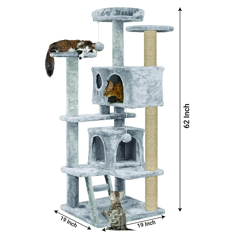 Furrlovers Multi Condo Kitten & Cat Tree with Plush Fur Fabric, Ladder, Top Perches, Playing Balls & Jute Rope Scratching Posts (Grey) - Image 2