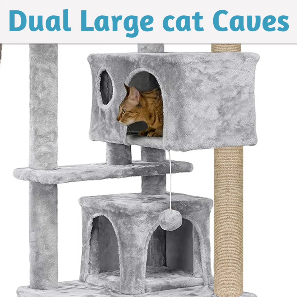 Furrlovers Multi Condo Kitten & Cat Tree with Plush Fur Fabric, Ladder, Top Perches, Playing Balls & Jute Rope Scratching Posts (Grey) - Image 3