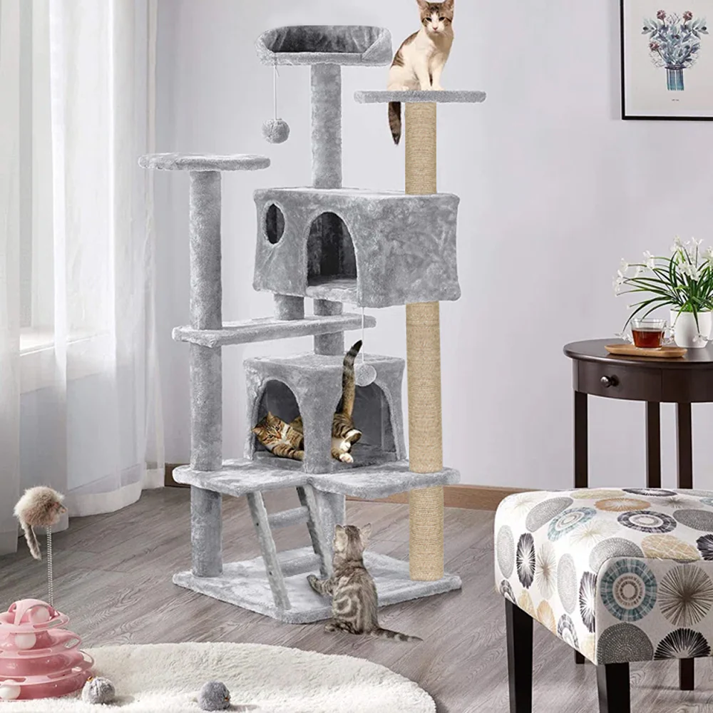 Furrlovers Multi Condo Kitten & Cat Tree with Plush Fur Fabric, Ladder, Top Perches, Playing Balls & Jute Rope Scratching Posts (Grey) - Image 5