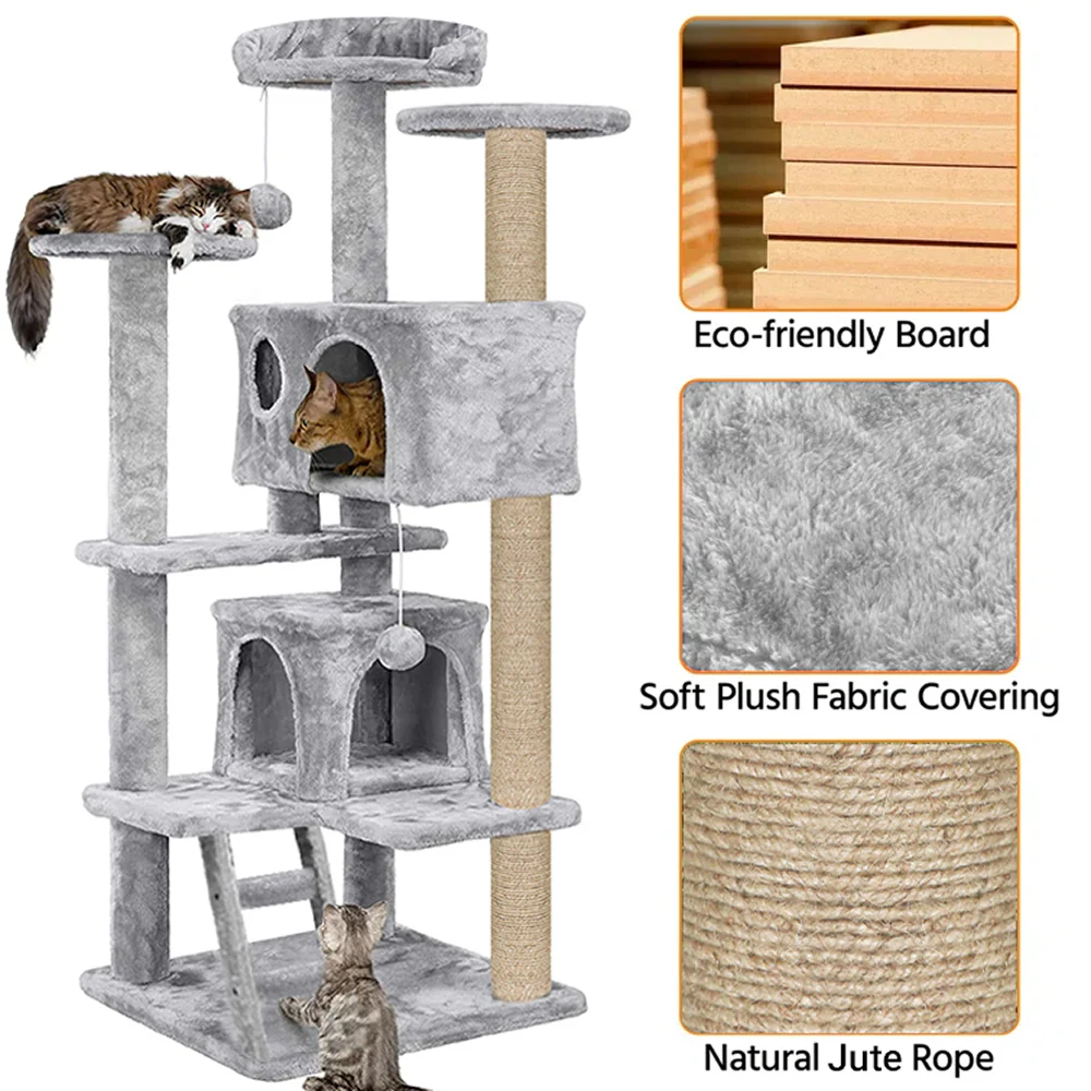 Furrlovers Multi Condo Kitten & Cat Tree with Plush Fur Fabric, Ladder, Top Perches, Playing Balls & Jute Rope Scratching Posts (Grey) - Image 6