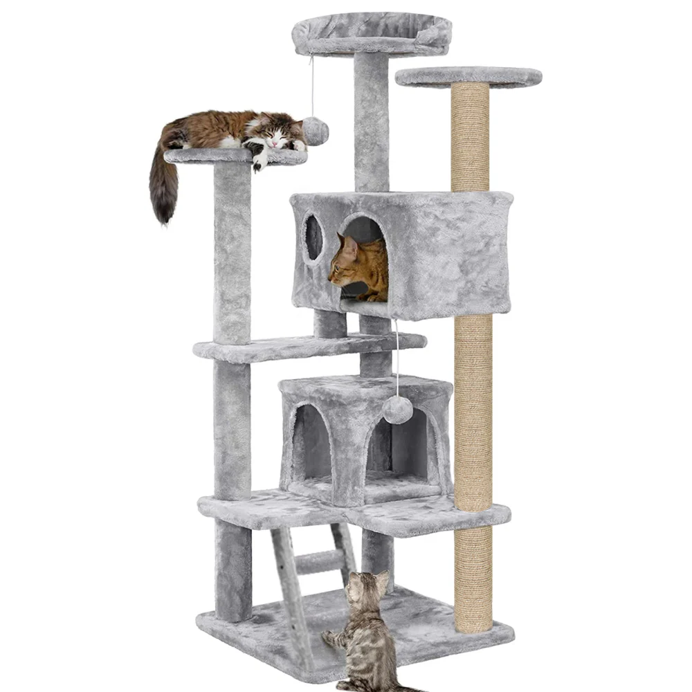Furrlovers Multi Condo Kitten & Cat Tree with Plush Fur Fabric, Ladder, Top Perches, Playing Balls & Jute Rope Scratching Posts (Grey) - Image 7