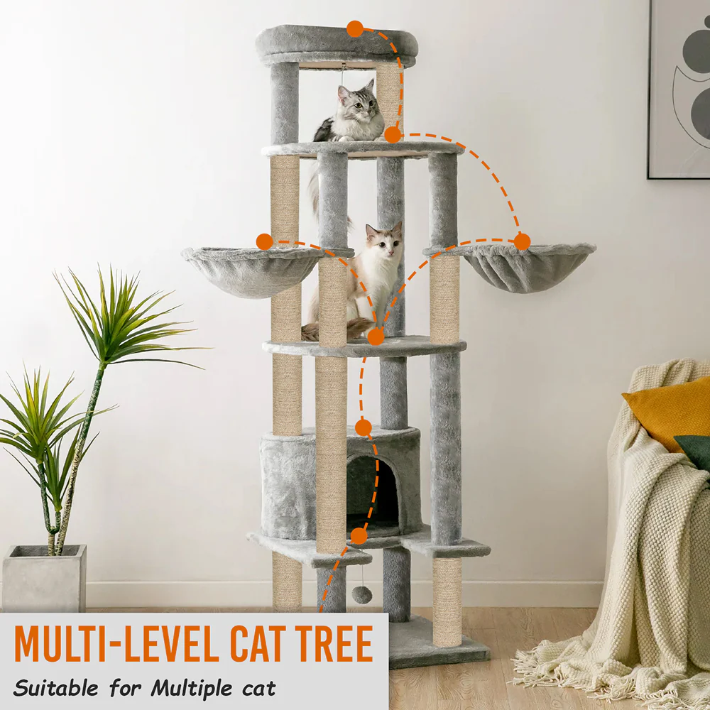 Furrlovers Multi-Level Cat Tree Tower with Scratching Posts, Hammock & Condo (Grey) - Image 9