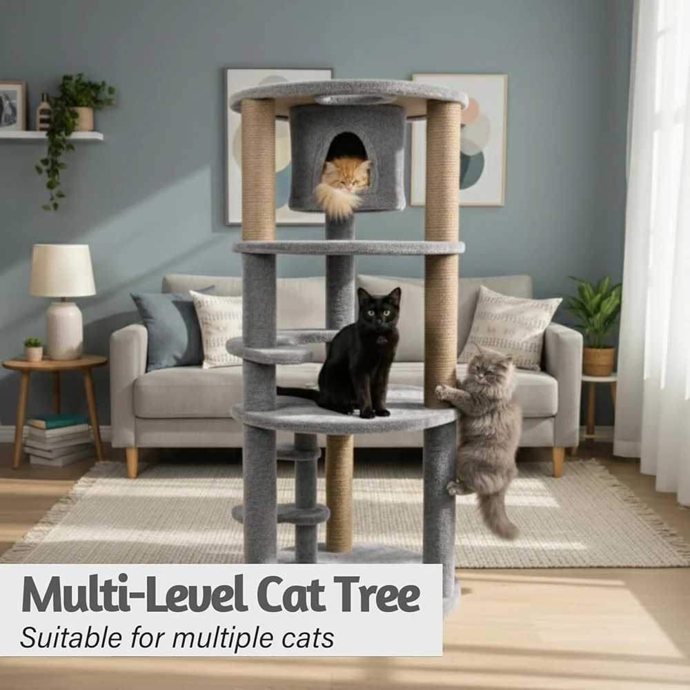 Furrlovers Multi Level Cat Tree with Condo & Jute Scratching Posts (Grey) - Image 4