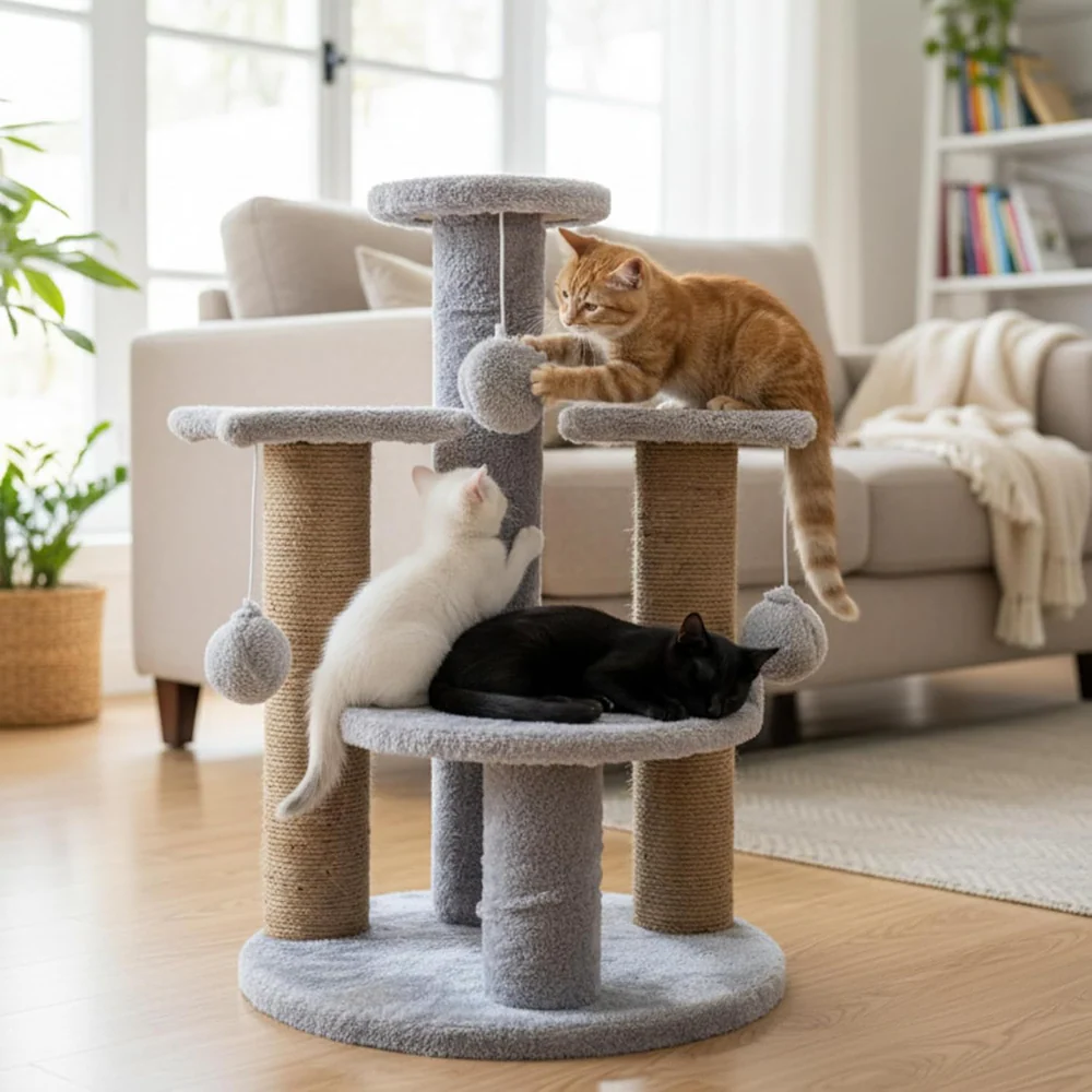 Furrlovers Multi Level Cat Tree with Plush Platforms, Sisal Scratching Posts & Hanging Toys (Grey) - Image 2