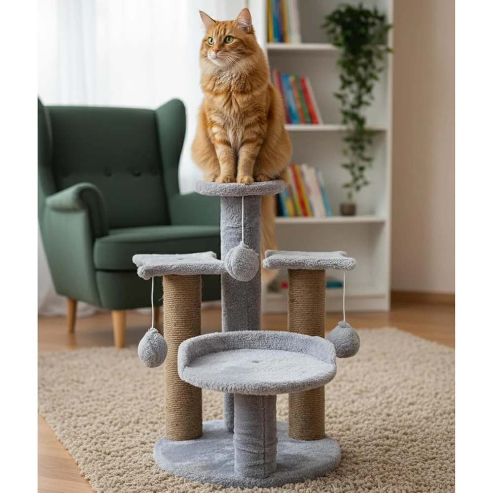 Furrlovers Multi Level Cat Tree with Plush Platforms, Sisal Scratching Posts & Hanging Toys (Grey) - Image 3