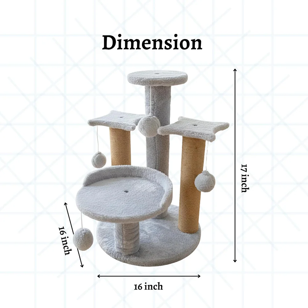 Furrlovers Multi Level Cat Tree with Plush Platforms, Sisal Scratching Posts & Hanging Toys (Grey) - Image 4