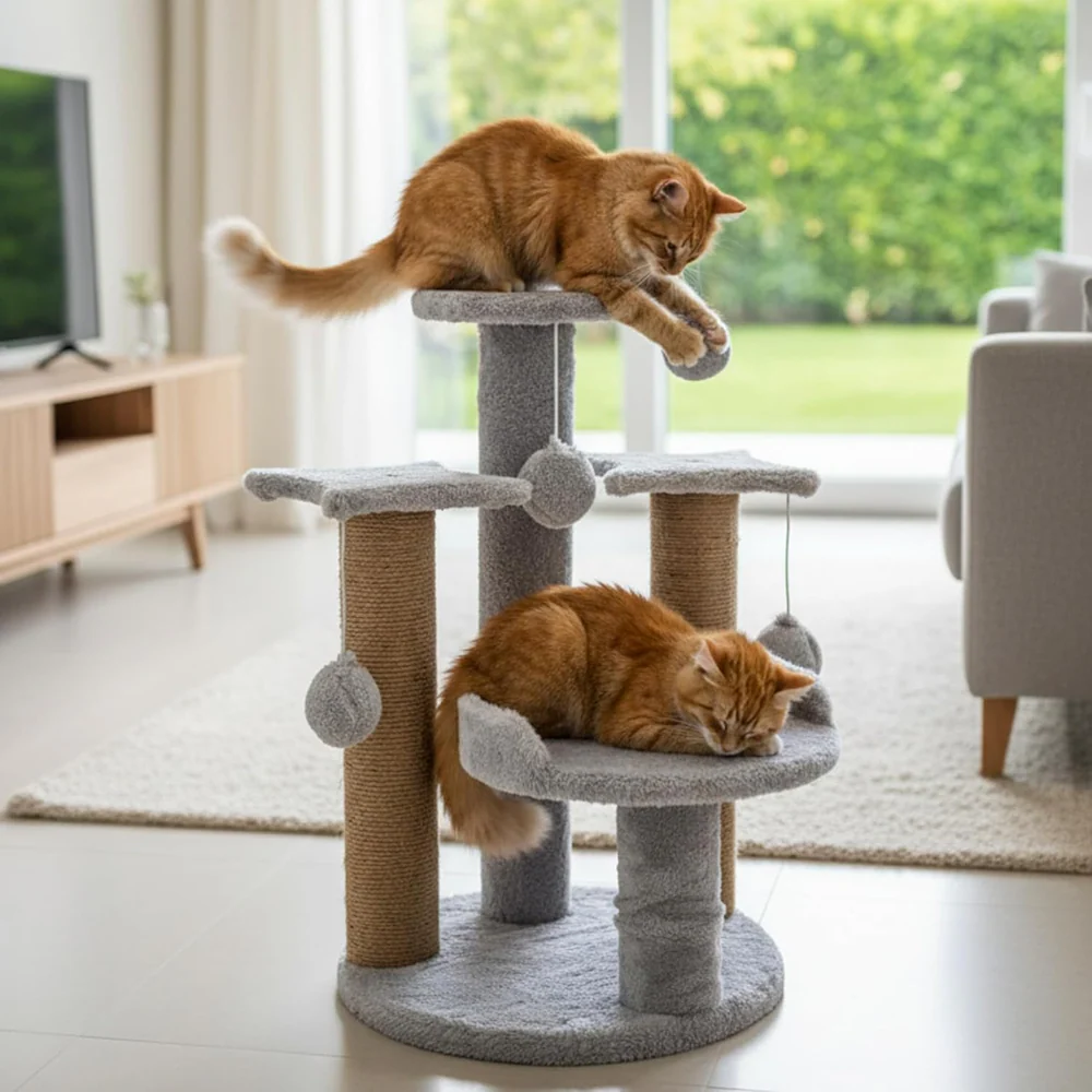 Furrlovers Multi Level Cat Tree with Plush Platforms, Sisal Scratching Posts & Hanging Toys (Grey) - Image 5