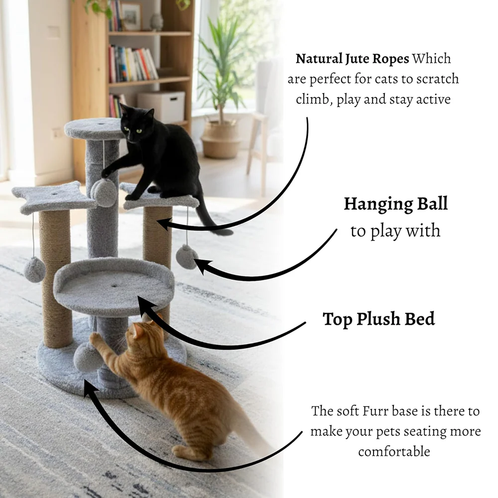 Furrlovers Multi Level Cat Tree with Plush Platforms, Sisal Scratching Posts & Hanging Toys (Grey) - Image 6