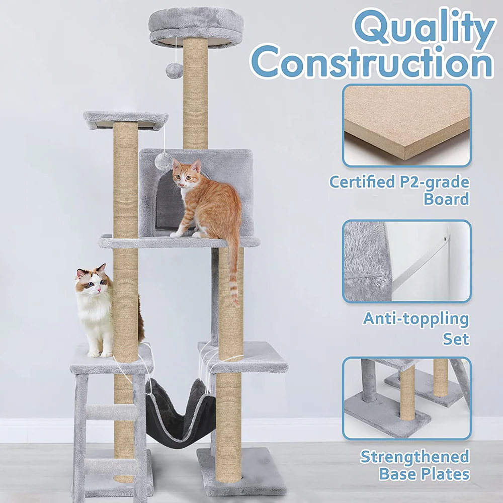 Furrlovers Multi Storey Cat Tree with Hammock, Condo & Scratching Posts (Grey) - Image 6
