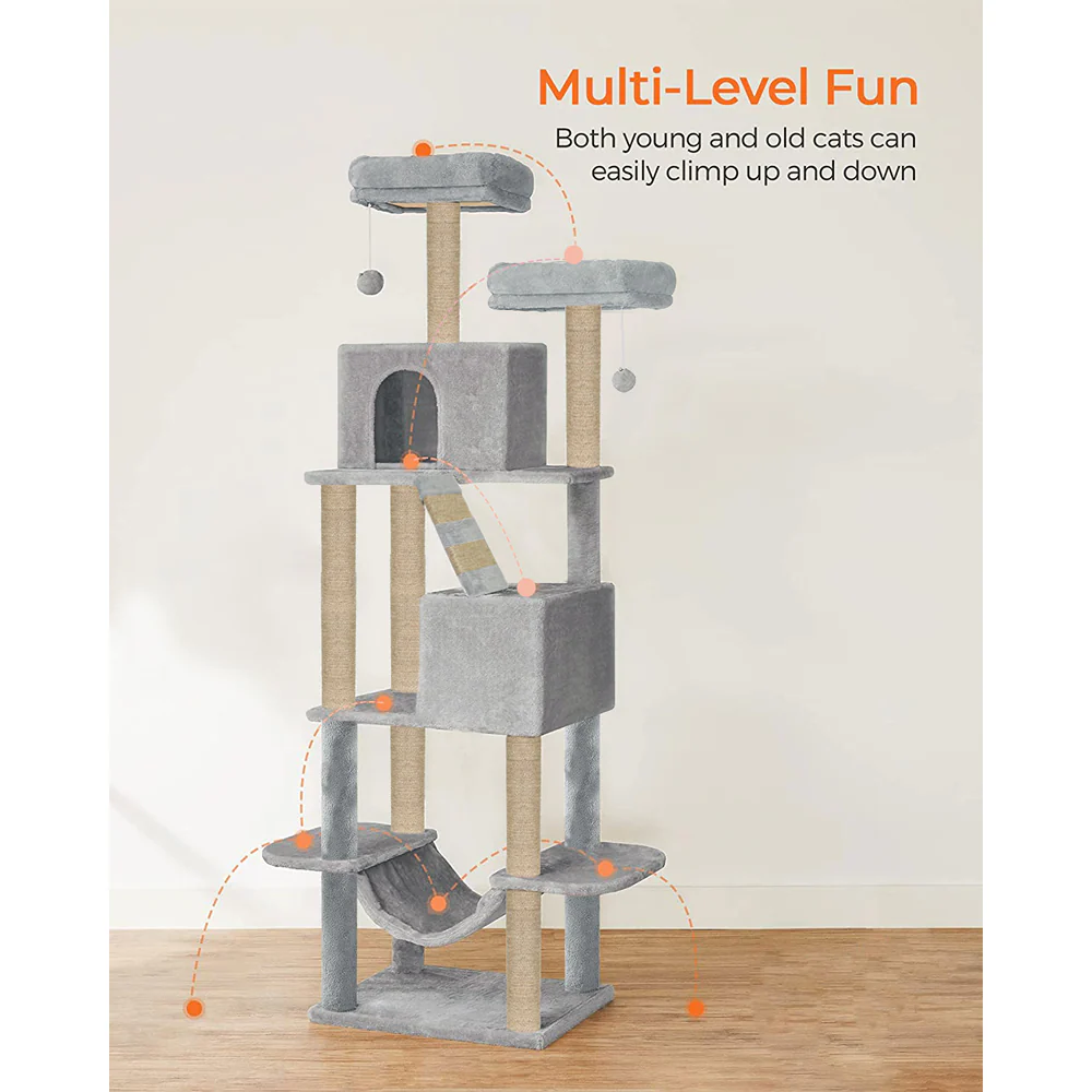Furrlovers Multi Storey Cat Tree with Hammock, Condo & Sisal Scratching Posts (Grey) - Image 5