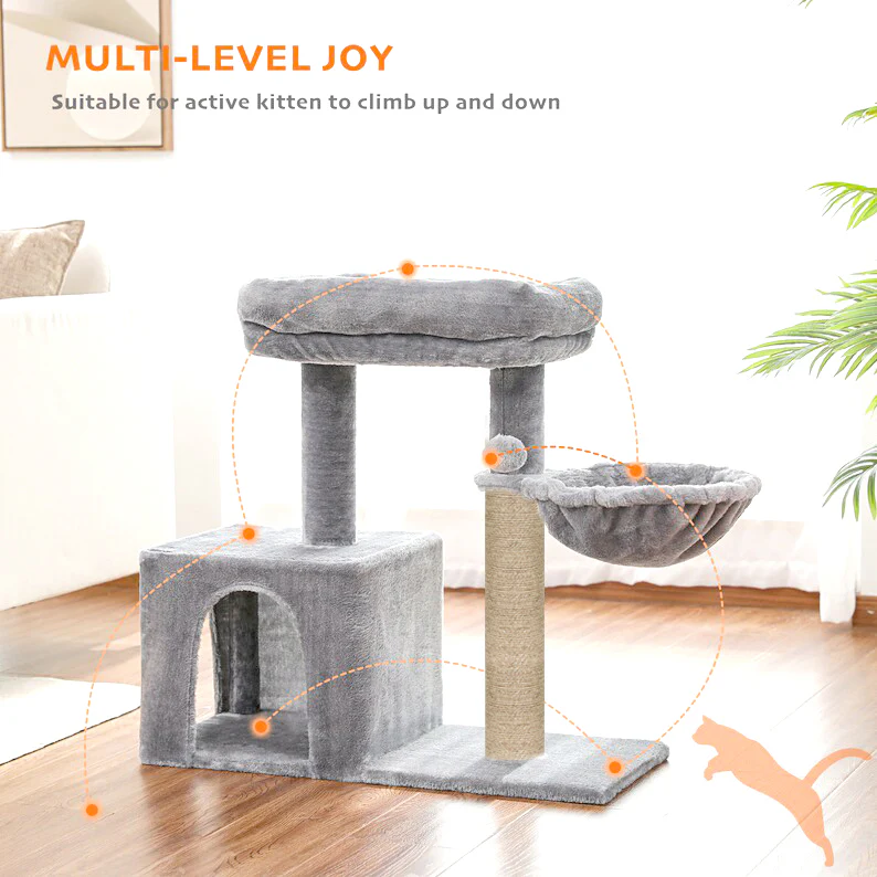 Furrlovers Multilevel Activity Tower with Plush Hammock and Perch Seats for Cats (Grey) - Image 2
