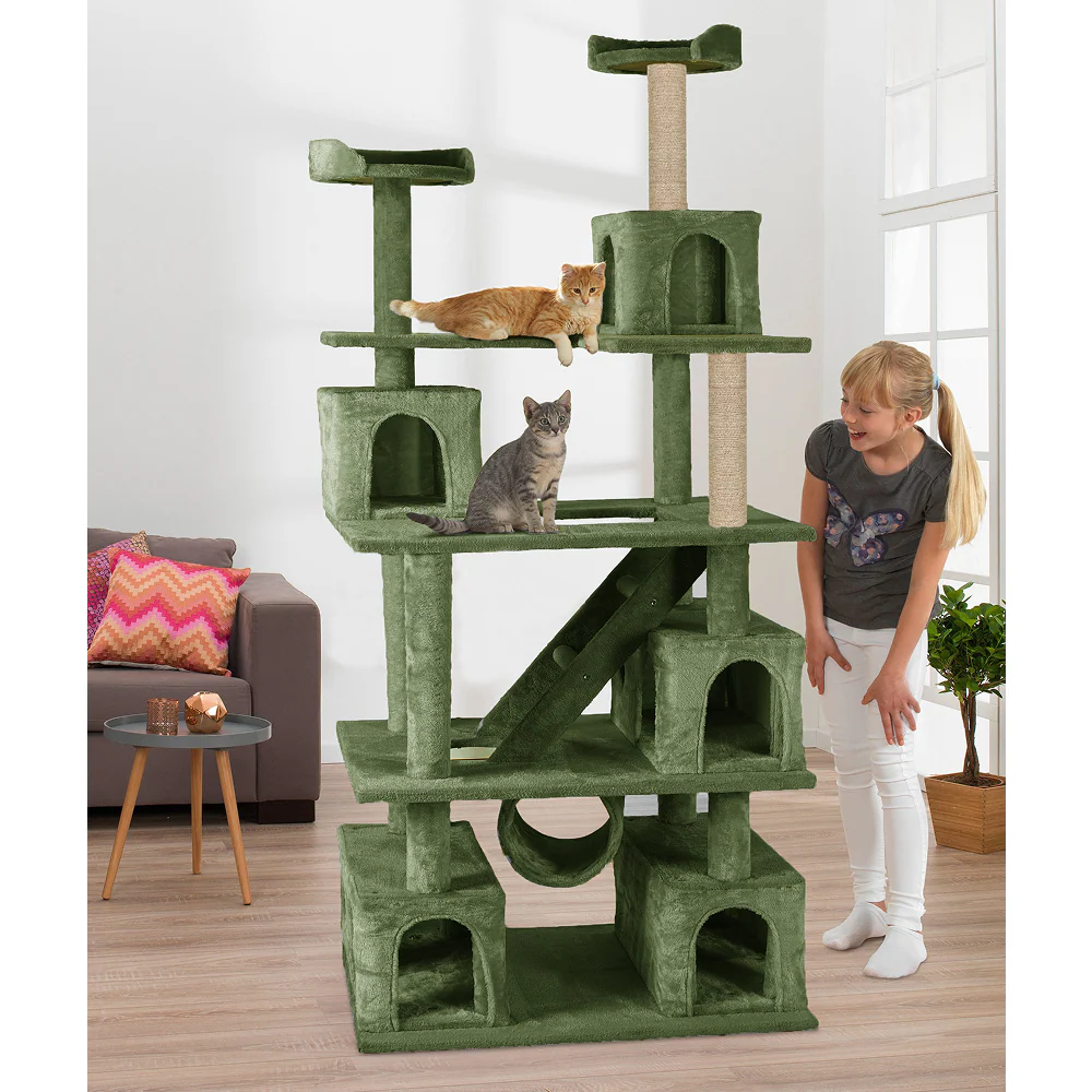 Furrlovers Multilevel Cat Tree with Ladder, Tunnel & Jute Rope Scratching Posts (Green) - Image 2