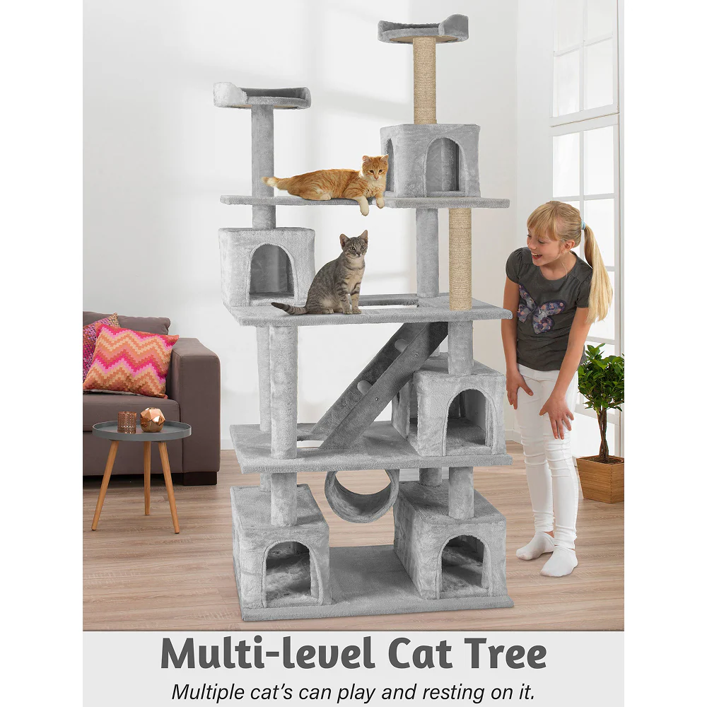 Furrlovers Multilevel Cat Tree with Ladder, Tunnel & Jute Rope Scratching Posts (Grey) - Image 2