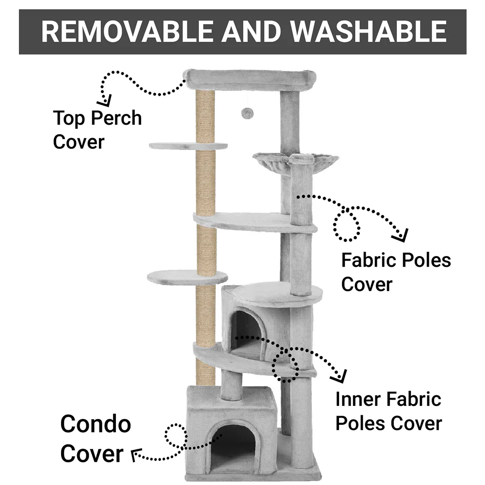 Furrlovers Multilevel Cat Tree with Scratching Posts, Condo & Top Bed with Jute Rope (Grey) - Image 2